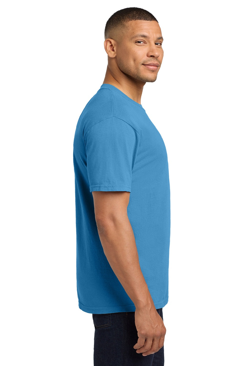 Comfort Colors 6030 Mens Short Sleeve Crewneck T-Shirt w/ Pocket Royal Caribe Blue Model Side