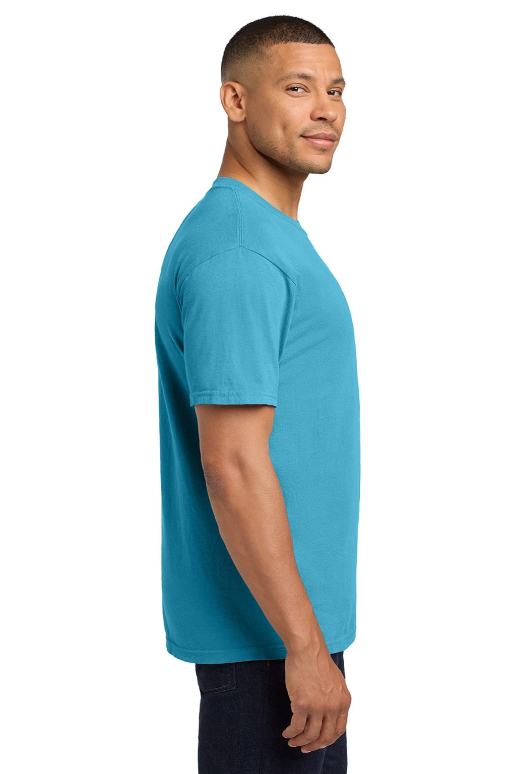 Comfort Colors 6030 Mens Short Sleeve Crewneck T-Shirt w/ Pocket Sapphire Blue Model Side