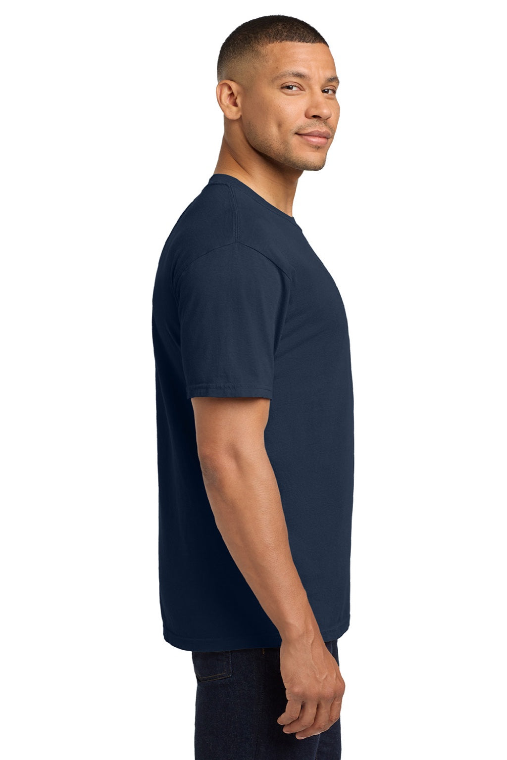 Comfort Colors 6030 Mens Short Sleeve Crewneck T-Shirt w/ Pocket True Navy Blue Model Side
