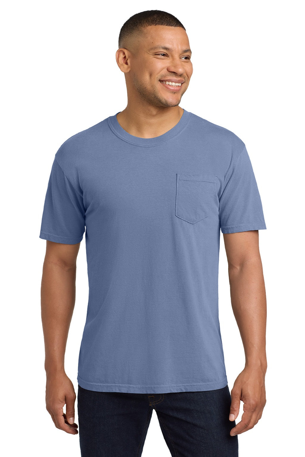 Comfort Colors 6030 Mens Short Sleeve Crewneck T-Shirt w/ Pocket Washed Denim Blue Model Front