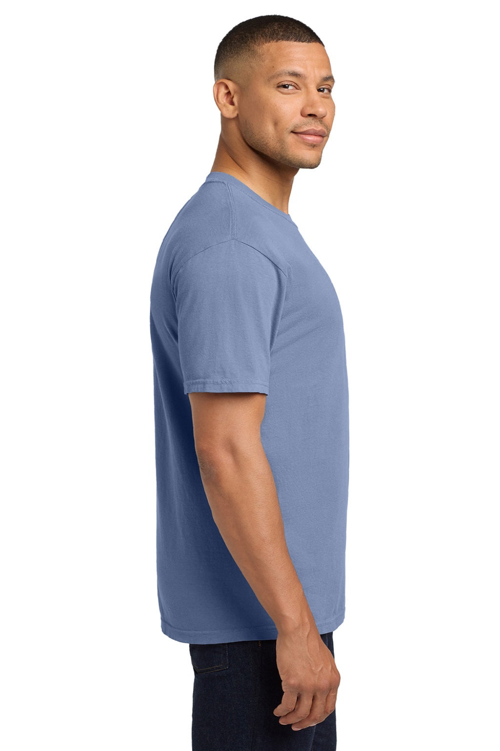 Comfort Colors 6030 Mens Short Sleeve Crewneck T-Shirt w/ Pocket Washed Denim Blue Model Side