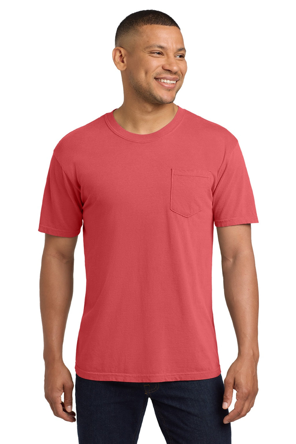 Comfort Colors 6030 Mens Short Sleeve Crewneck T-Shirt w/ Pocket Watermelon Pink Model Front