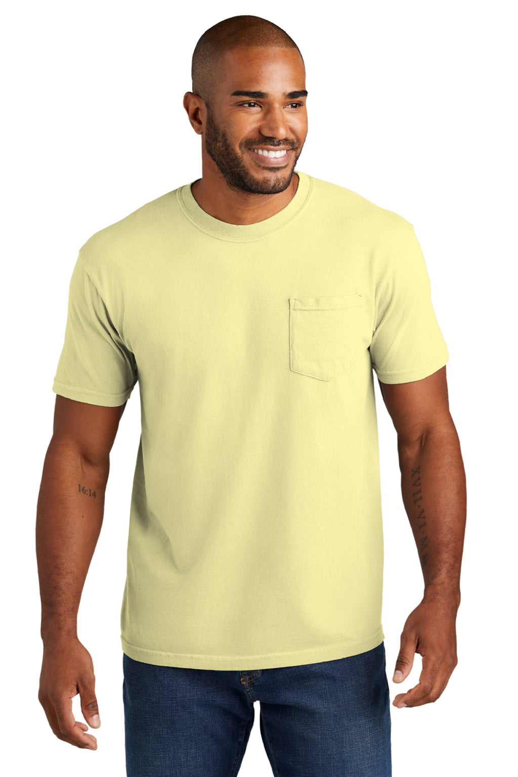 Comfort Colors 6030 Mens Short Sleeve Crewneck T-Shirt w/ Pocket Banana Yellow Model Front