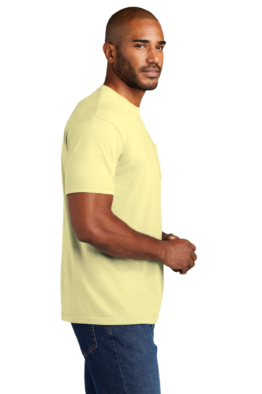 Comfort Colors 6030 Mens Short Sleeve Crewneck T-Shirt w/ Pocket Banana Yellow Model Side