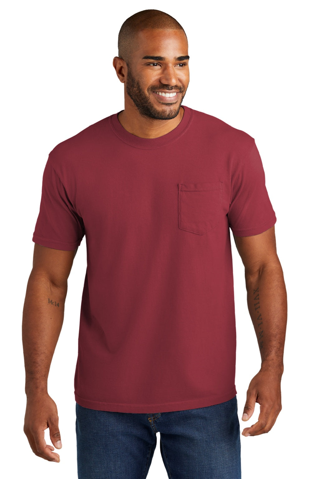 Comfort Colors 6030 Mens Short Sleeve Crewneck T-Shirt w/ Pocket Chili Red Model Front