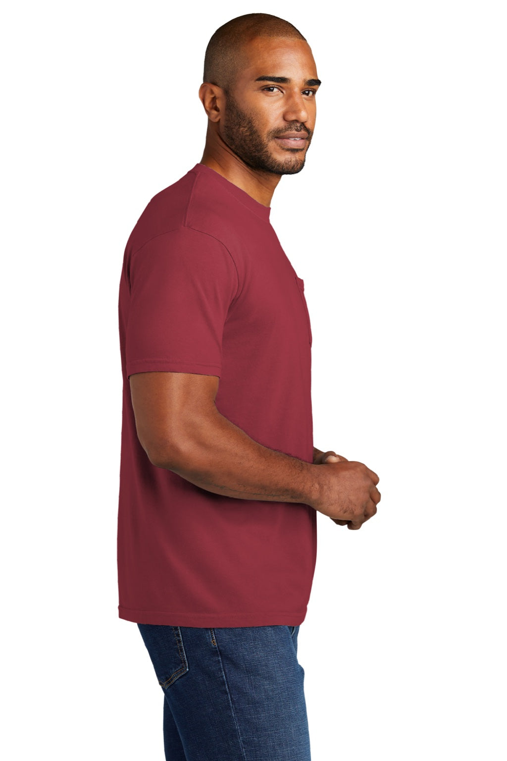Comfort Colors 6030 Mens Short Sleeve Crewneck T-Shirt w/ Pocket Chili Red Model Side