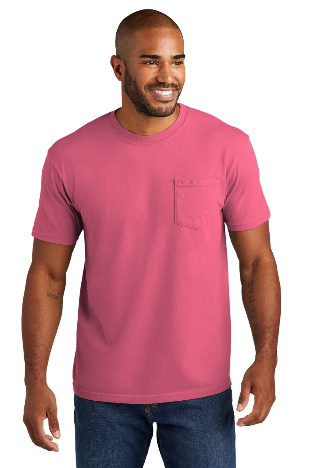 Comfort Colors 6030 Mens Short Sleeve Crewneck T-Shirt w/ Pocket Crunchberry Pink Model Front
