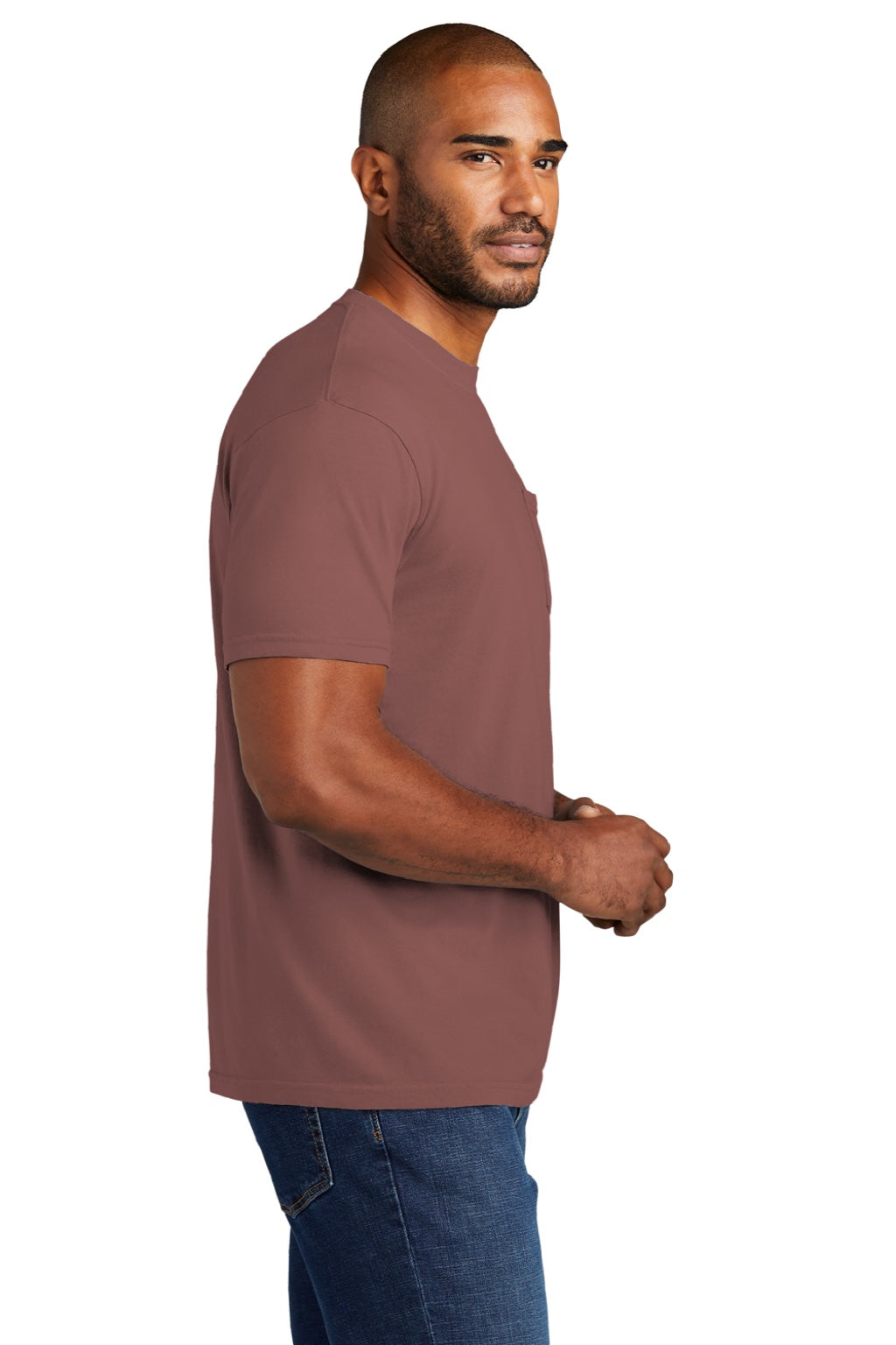 Comfort Colors 6030 Mens Short Sleeve Crewneck T-Shirt w/ Pocket Cumin Model Side