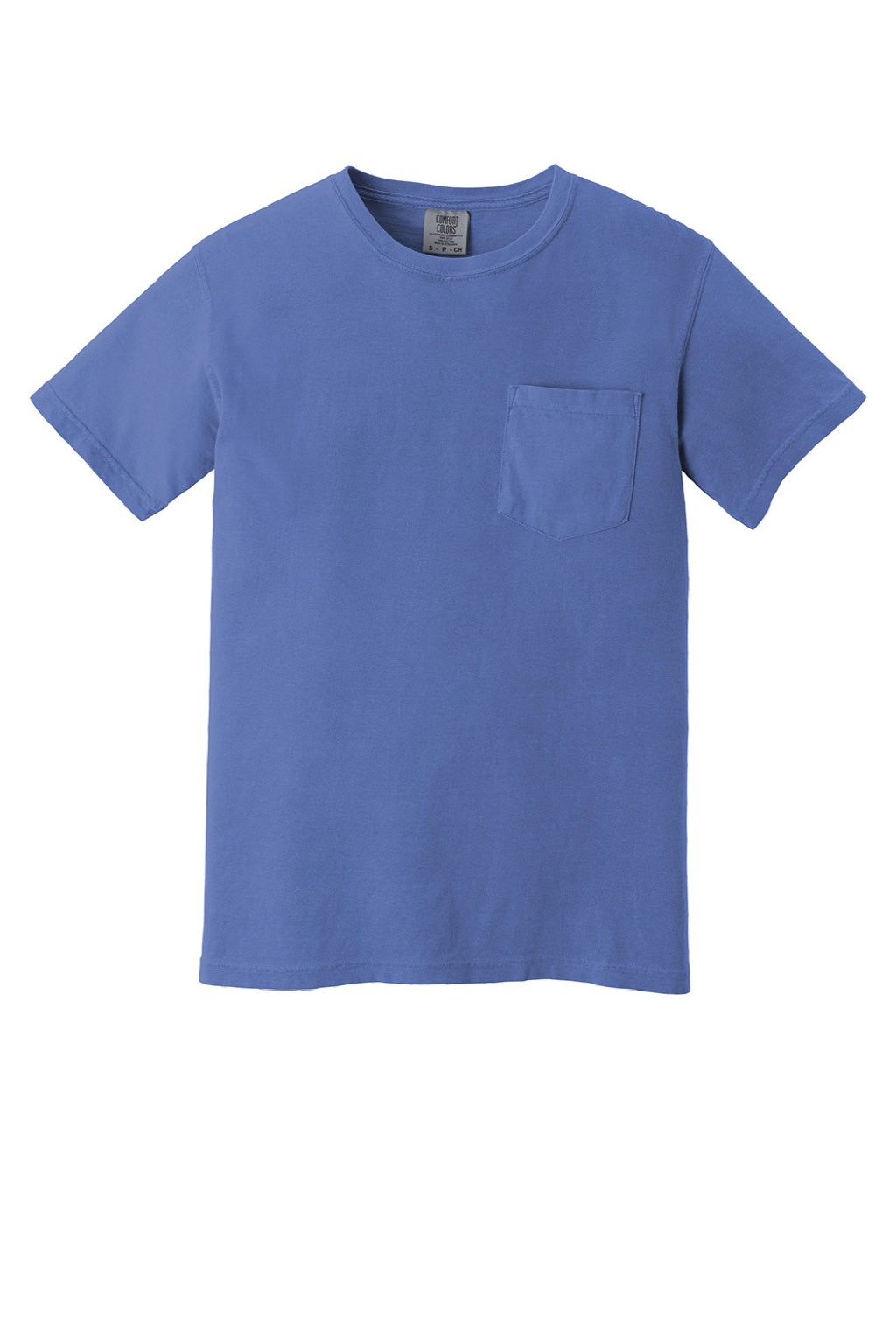 Comfort Colors 6030 Mens Short Sleeve Crewneck T-Shirt w/ Pocket Flo Blue Flat Front