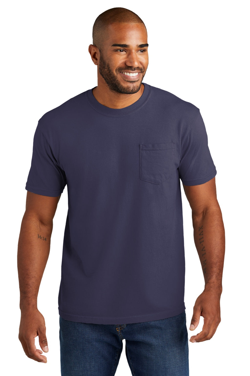 Comfort Colors 6030 Mens Short Sleeve Crewneck T-Shirt w/ Pocket Grape Purple Model Front