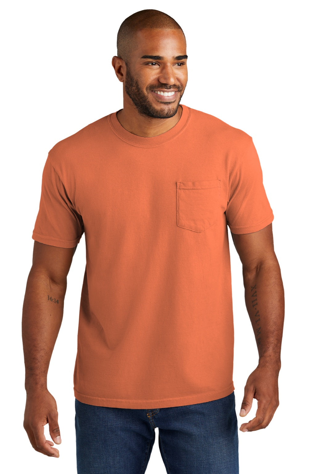 Comfort Colors 6030 Mens Short Sleeve Crewneck T-Shirt w/ Pocket Melon Orange Model Front