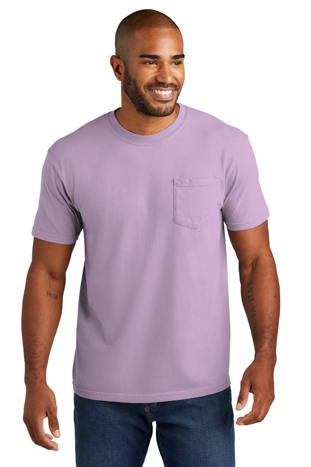 Comfort Colors 6030 Mens Short Sleeve Crewneck T-Shirt w/ Pocket Orchid Purple Model Front