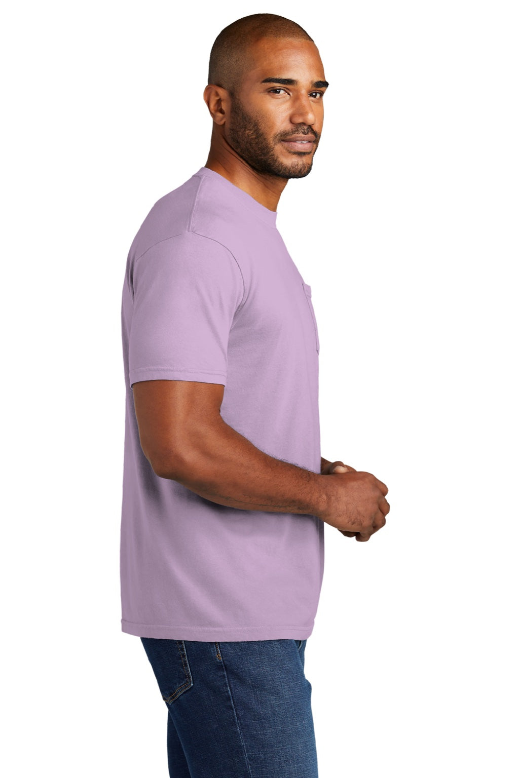 Comfort Colors 6030 Mens Short Sleeve Crewneck T-Shirt w/ Pocket Orchid Purple Model Side