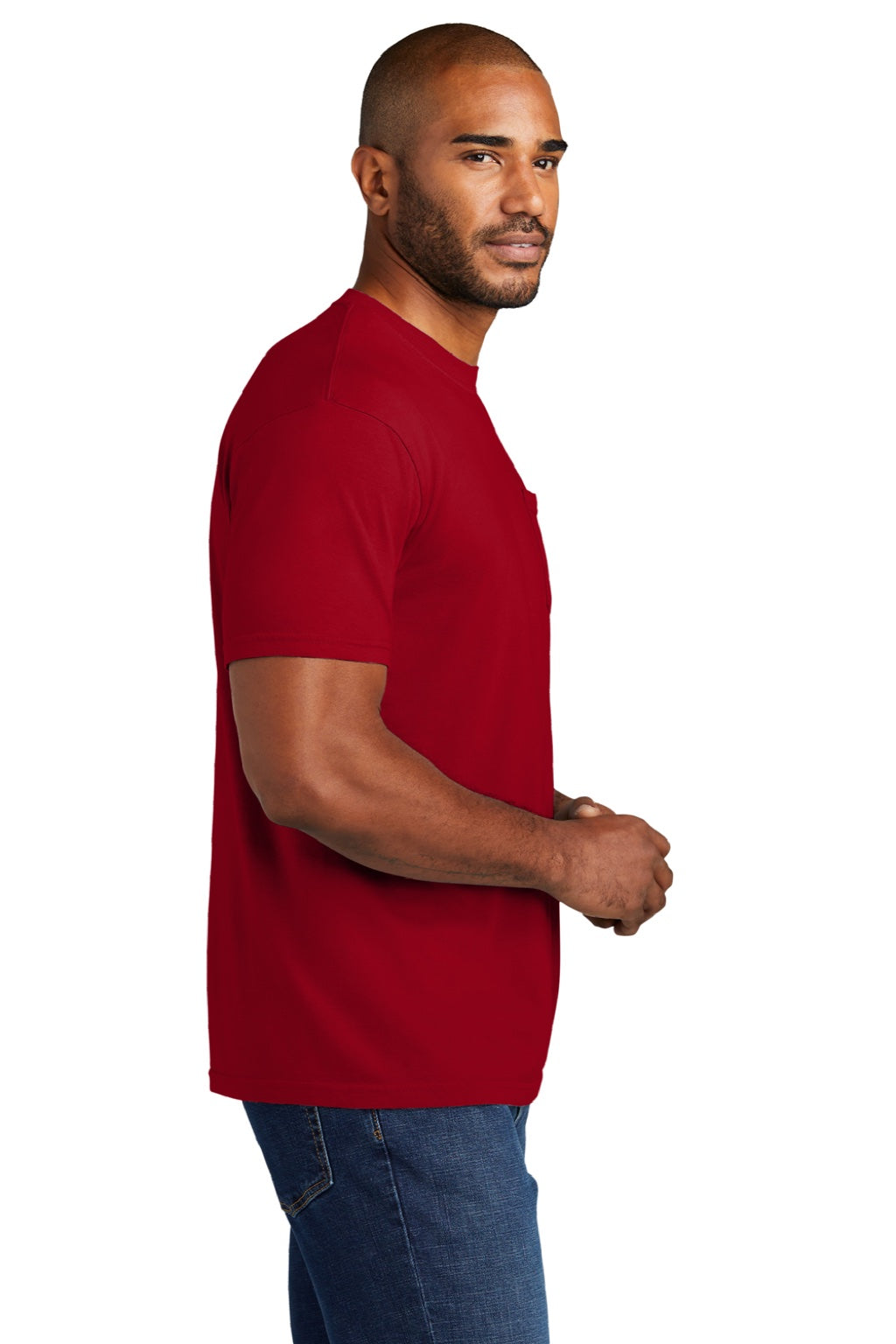 Comfort Colors 6030 Mens Short Sleeve Crewneck T-Shirt w/ Pocket Red Model Side