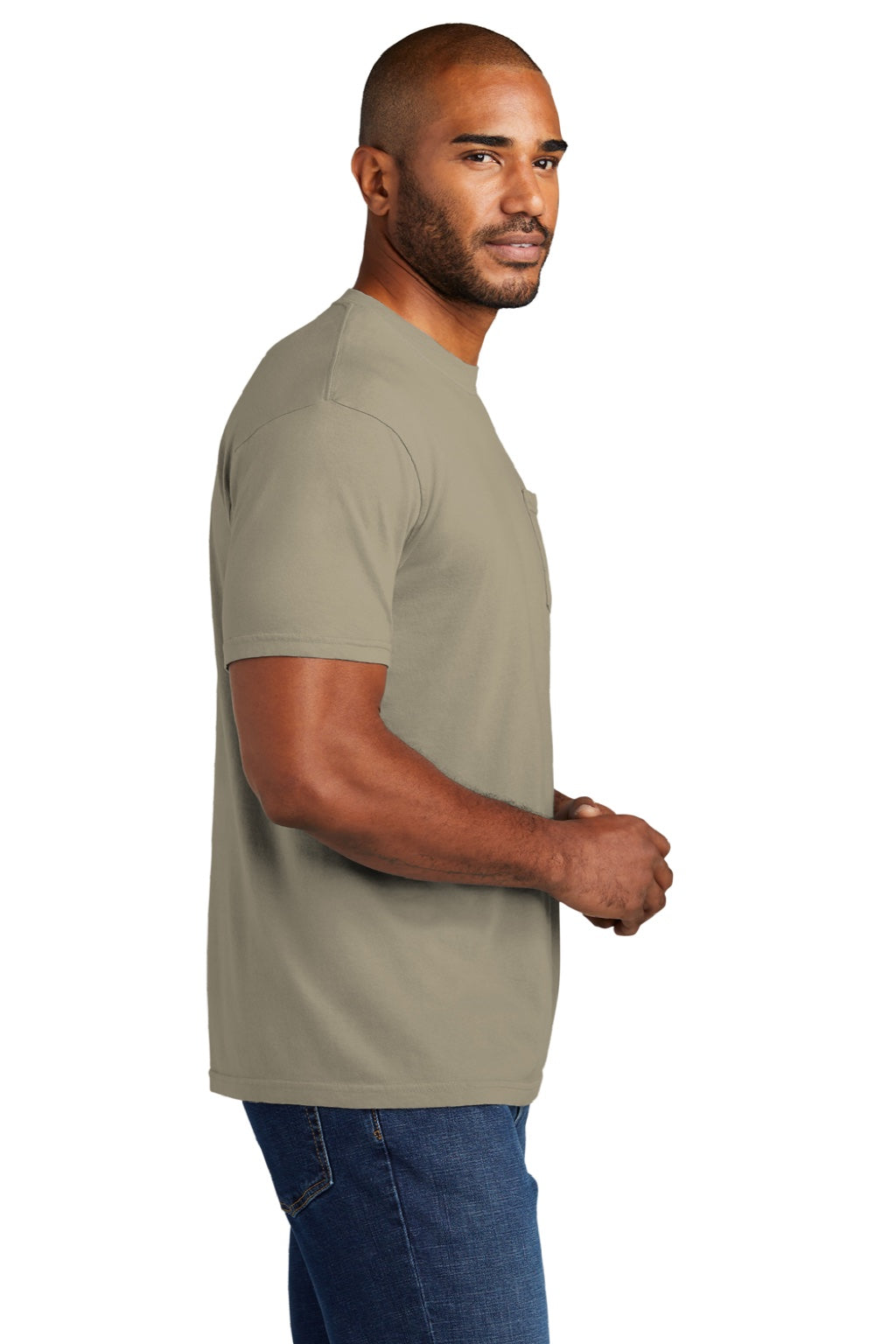Comfort Colors 6030 Mens Short Sleeve Crewneck T-Shirt w/ Pocket Sandstone Model Side