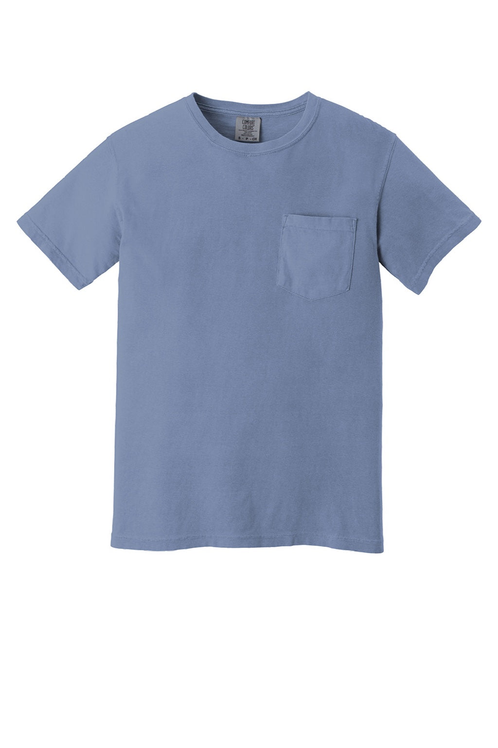 Comfort Colors 6030 Mens Short Sleeve Crewneck T-Shirt w/ Pocket Washed Denim Blue Flat Front