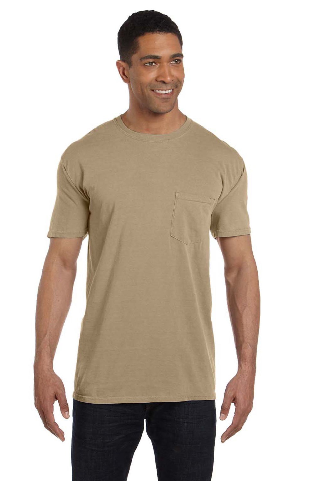 Comfort Colors 6030 Mens Short Sleeve Crewneck T-Shirt w/ Pocket Khaki Brown Model Front