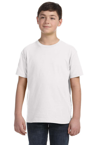 LAT 6101 Youth Fine Jersey Short Sleeve Crewneck T-Shirt White Model Front