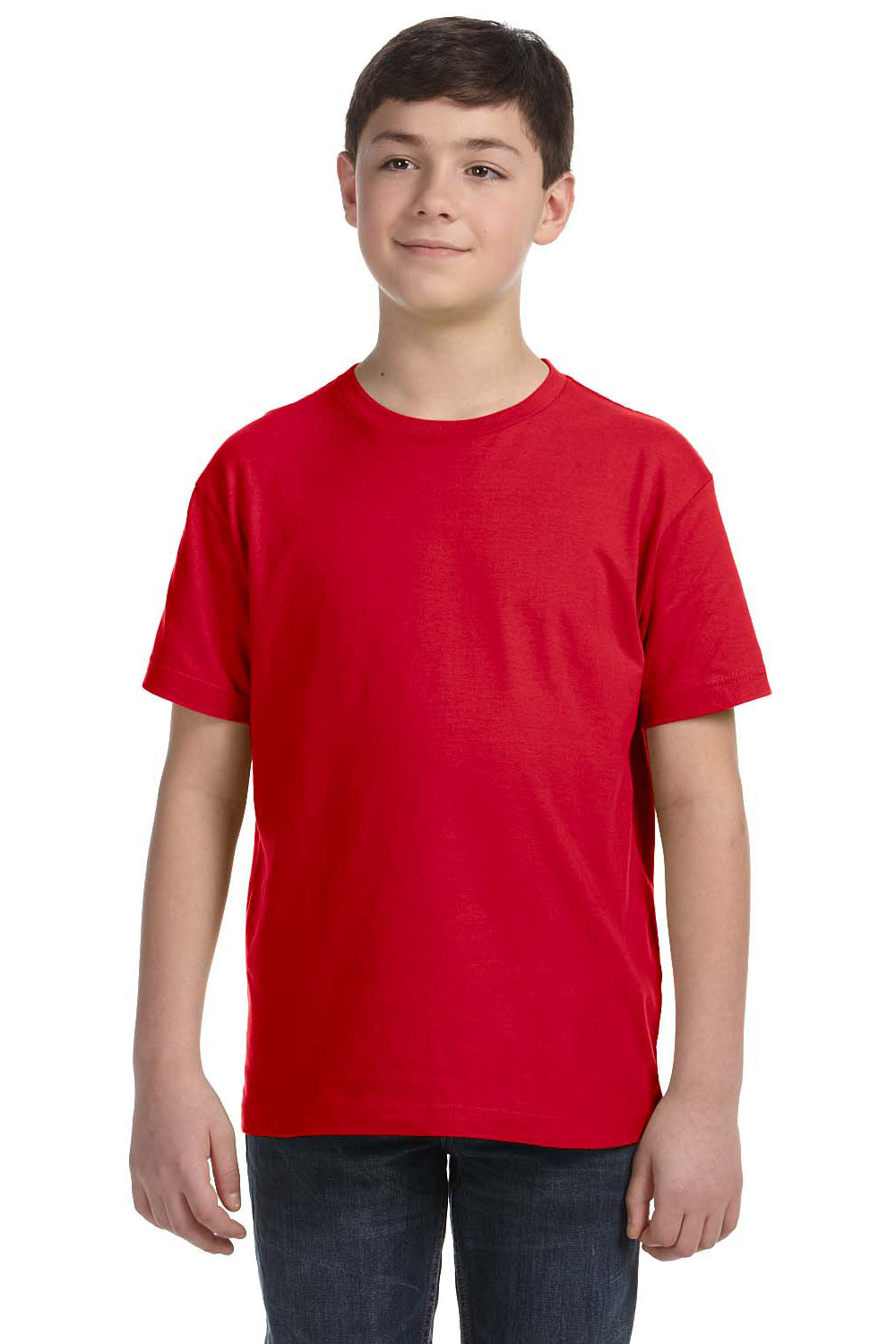 LAT 6101 Youth Fine Jersey Short Sleeve Crewneck T-Shirt Red Model Front