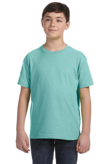 LAT 6101 Youth Fine Jersey Short Sleeve Crewneck T-Shirt Chill Blue Model Front