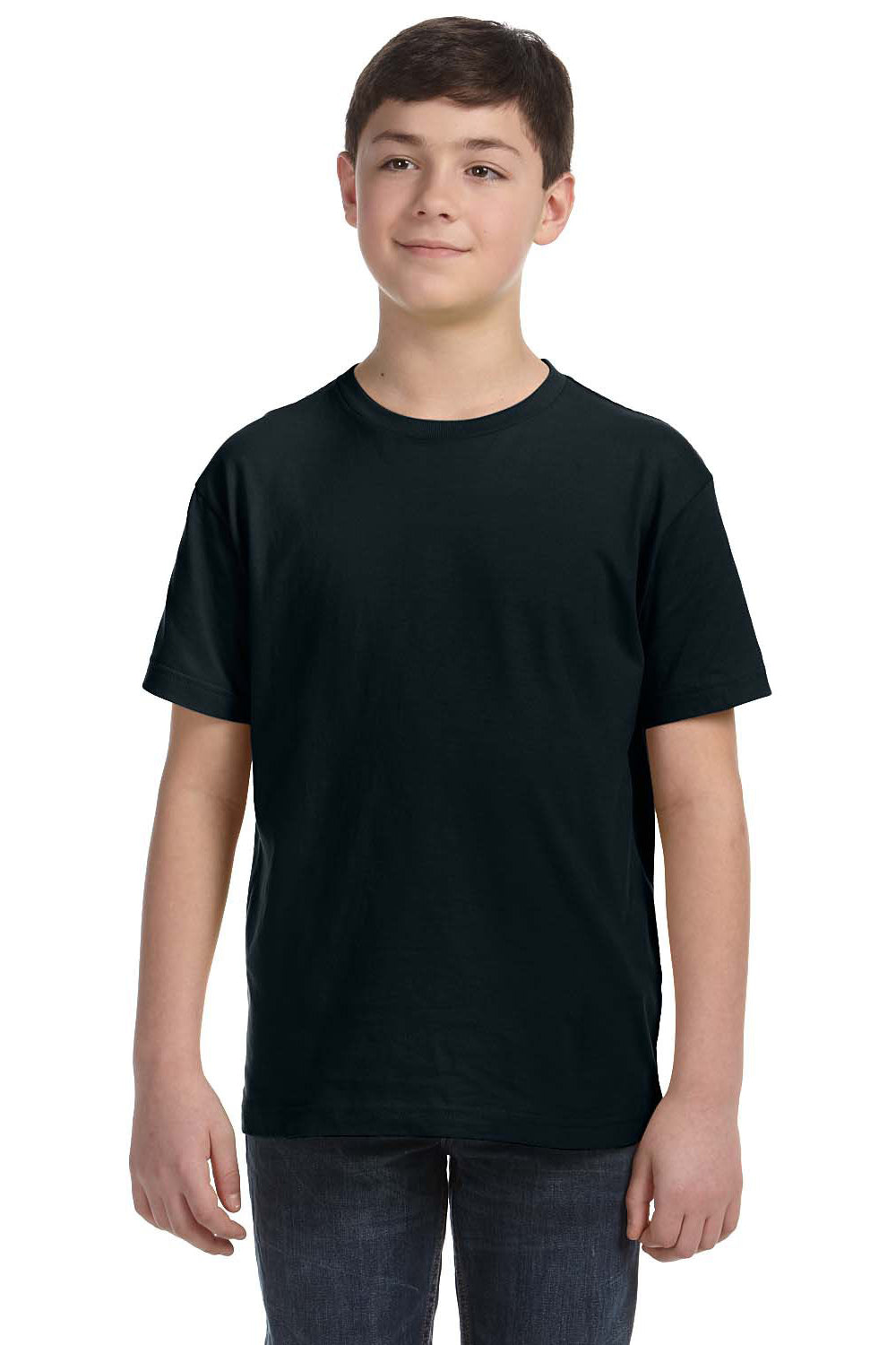 LAT 6101 Youth Fine Jersey Short Sleeve Crewneck T-Shirt Black Model Front