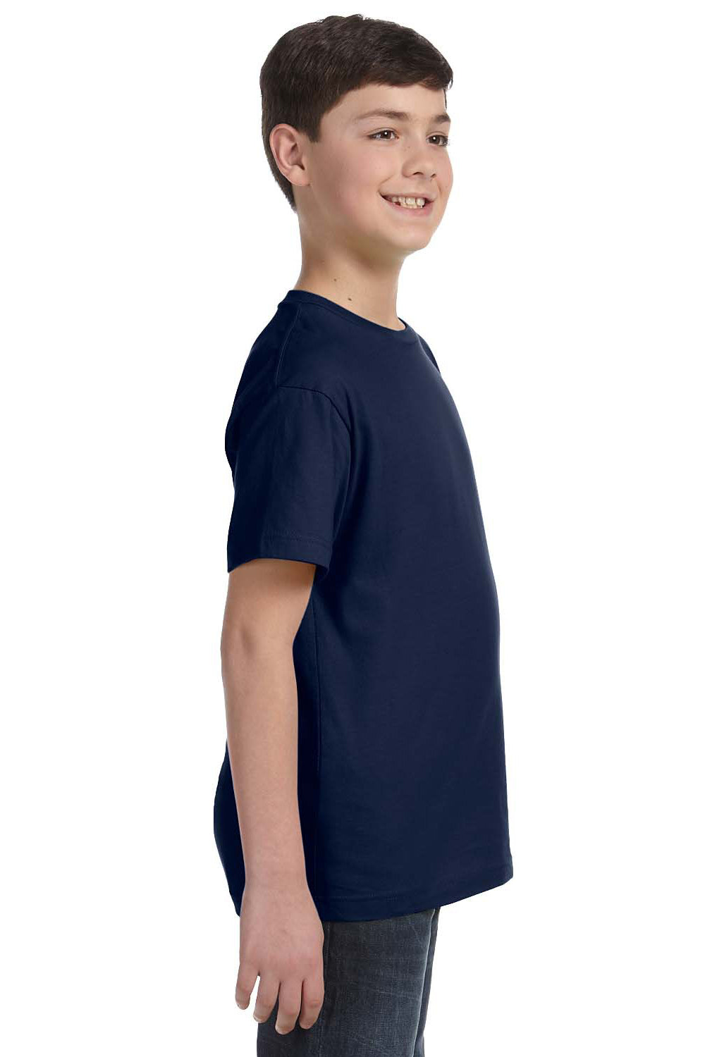 LAT 6101 Youth Fine Jersey Short Sleeve Crewneck T-Shirt Navy Blue Model Side