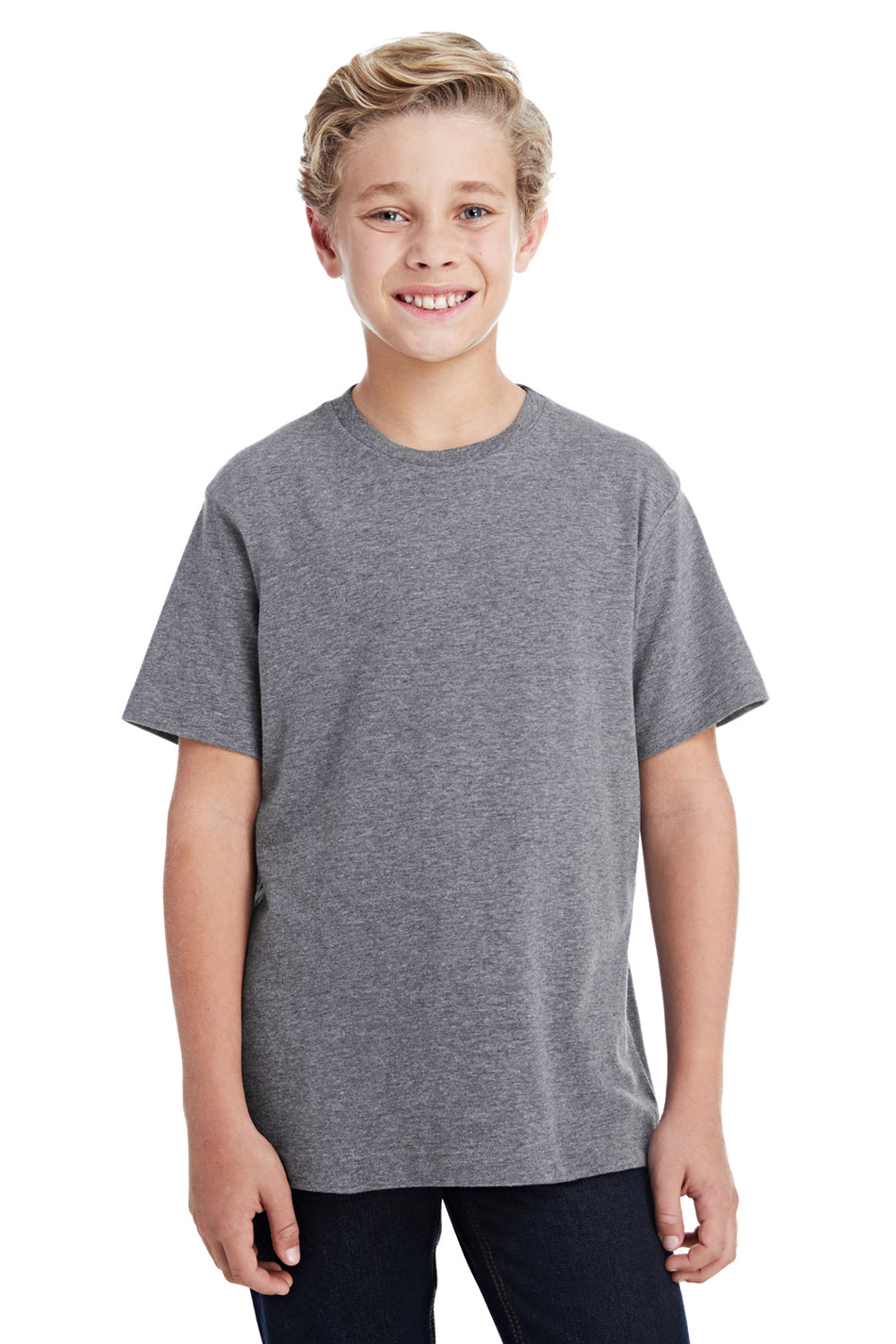 LAT 6101 Youth Fine Jersey Short Sleeve Crewneck T-Shirt Heather Granite Grey Model Front