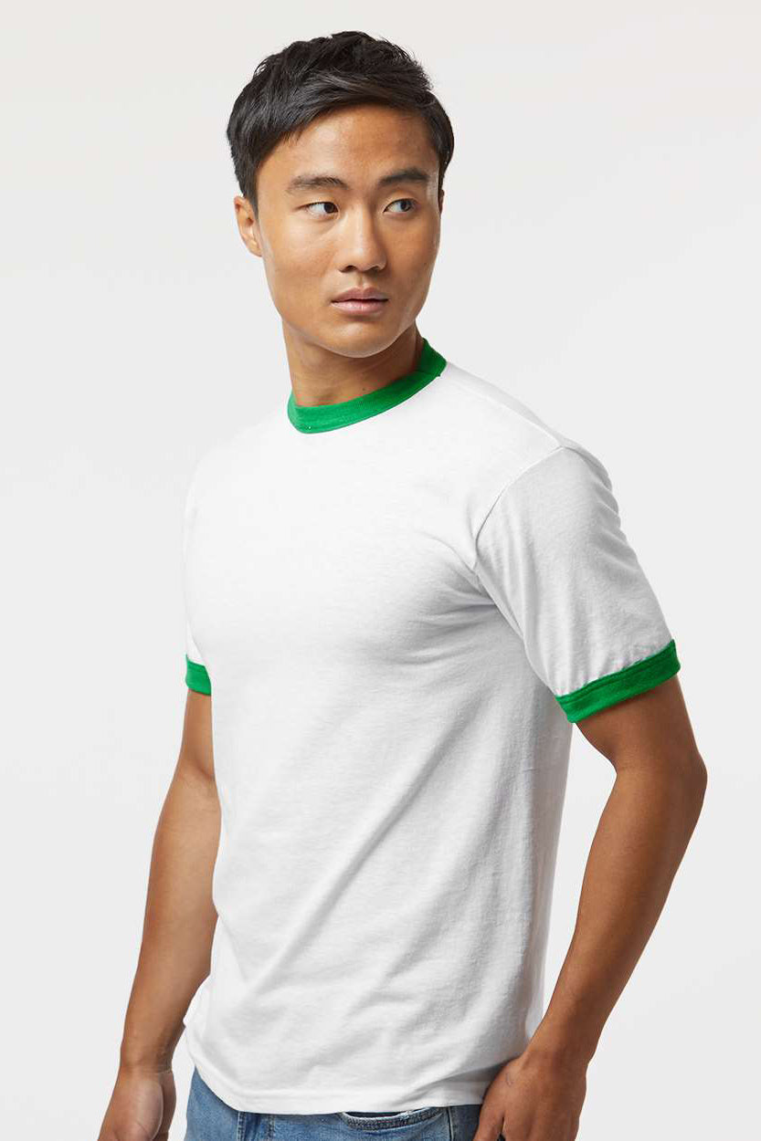 Augusta Sportswear 710 Mens Ringer Short Sleeve Crewneck T-Shirt White/Kelly Green Model Side