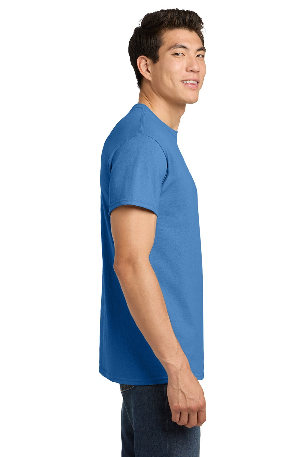 Gildan 5000 Mens Short Sleeve Crewneck T-Shirt Iris Blue Model Side
