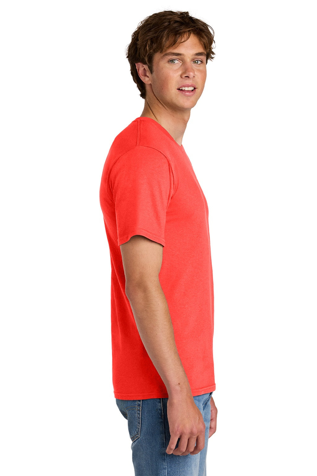 Port & Company PC43 Mens Short Sleeve Crewneck T-Shirt Neon Electric Coral Model Side
