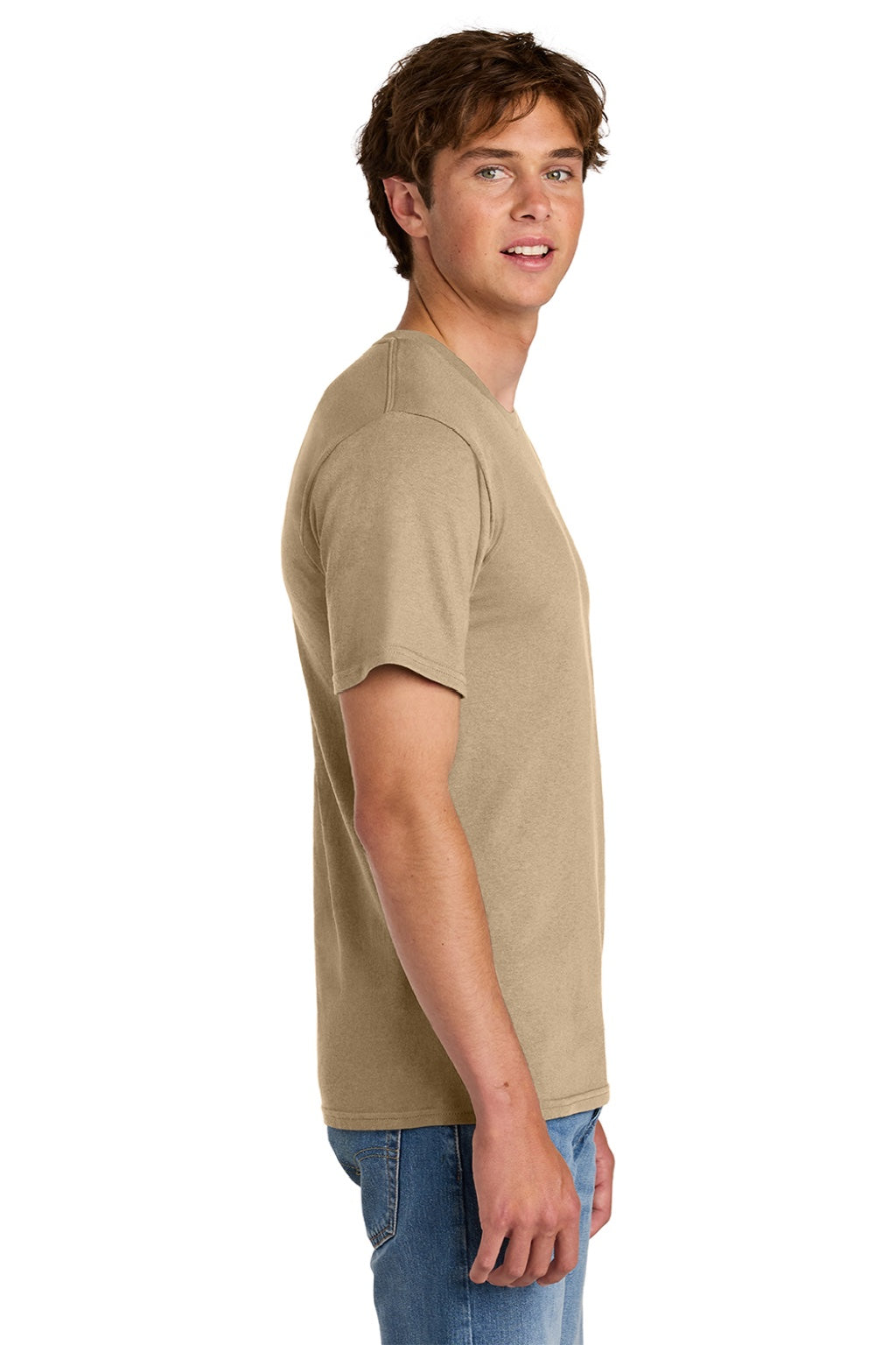 Port & Company PC43 Mens Short Sleeve Crewneck T-Shirt Sand Brown Model Side