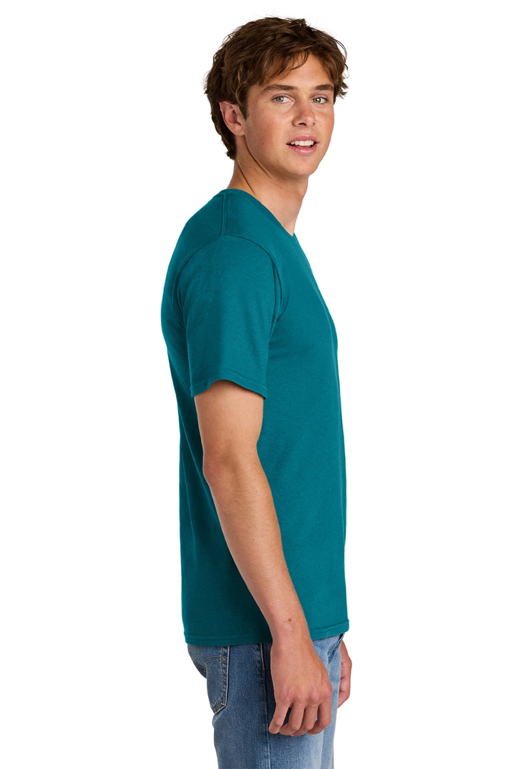 Port & Company PC43 Mens Short Sleeve Crewneck T-Shirt Teal Blue Model Side