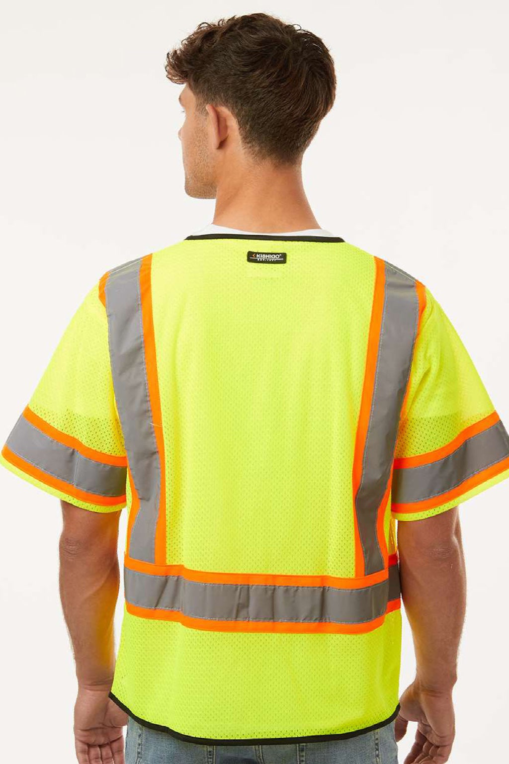 Kishigo 1565-1566 Mens Class 3 Mesh Zippered Vest Lime Green Model Back