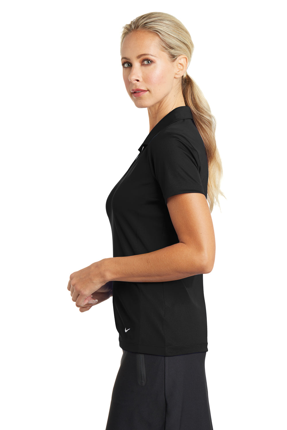 Nike 637165 Womens Dri-Fit Moisture Wicking Short Sleeve Polo Shirt Black Model Side