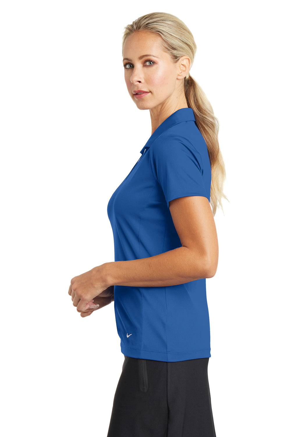 Nike 637165 Womens Dri-Fit Moisture Wicking Short Sleeve Polo Shirt Gym Blue Model Side
