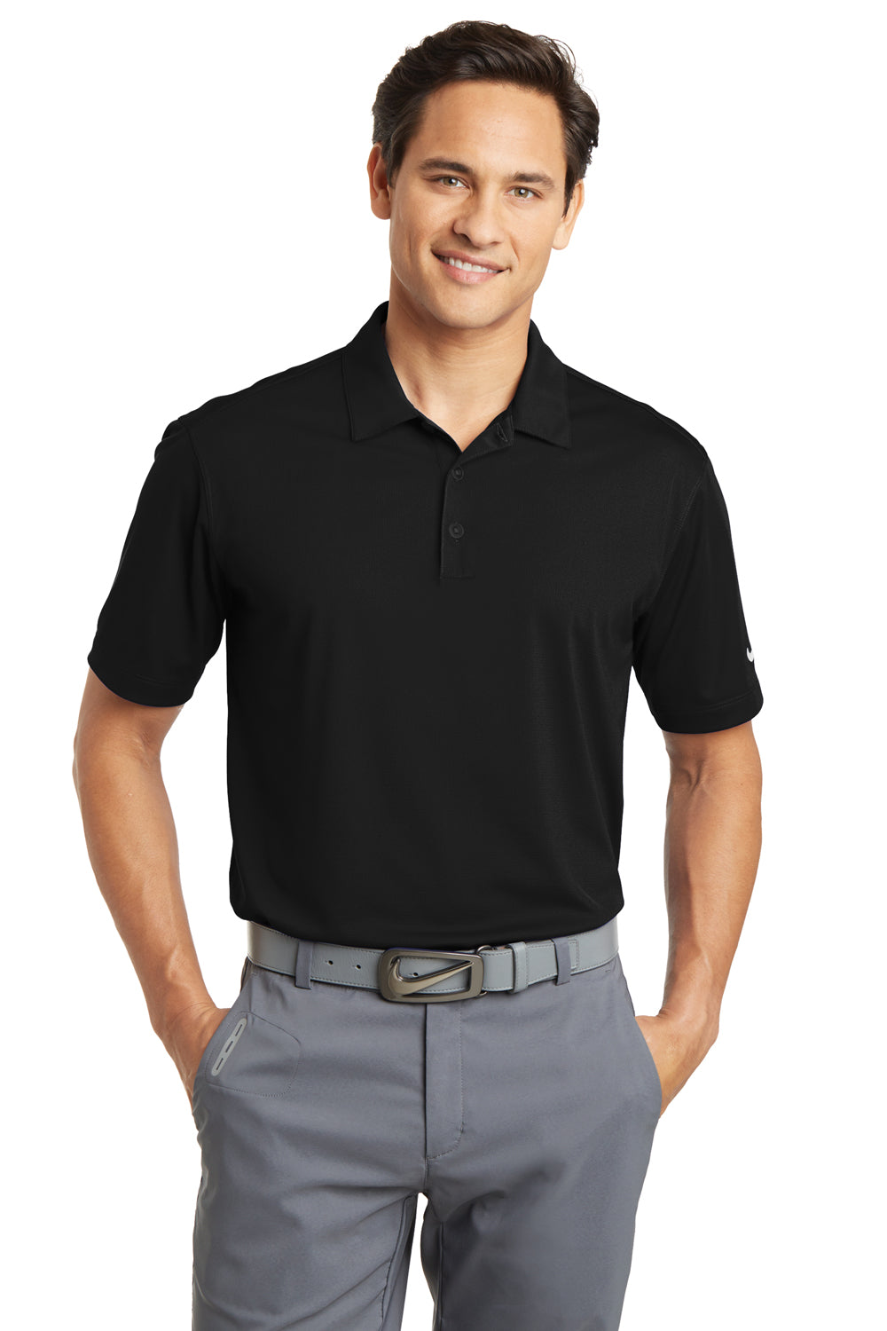 Nike 637167 Mens Dri-Fit Moisture Wicking Short Sleeve Polo Shirt Black Model Front