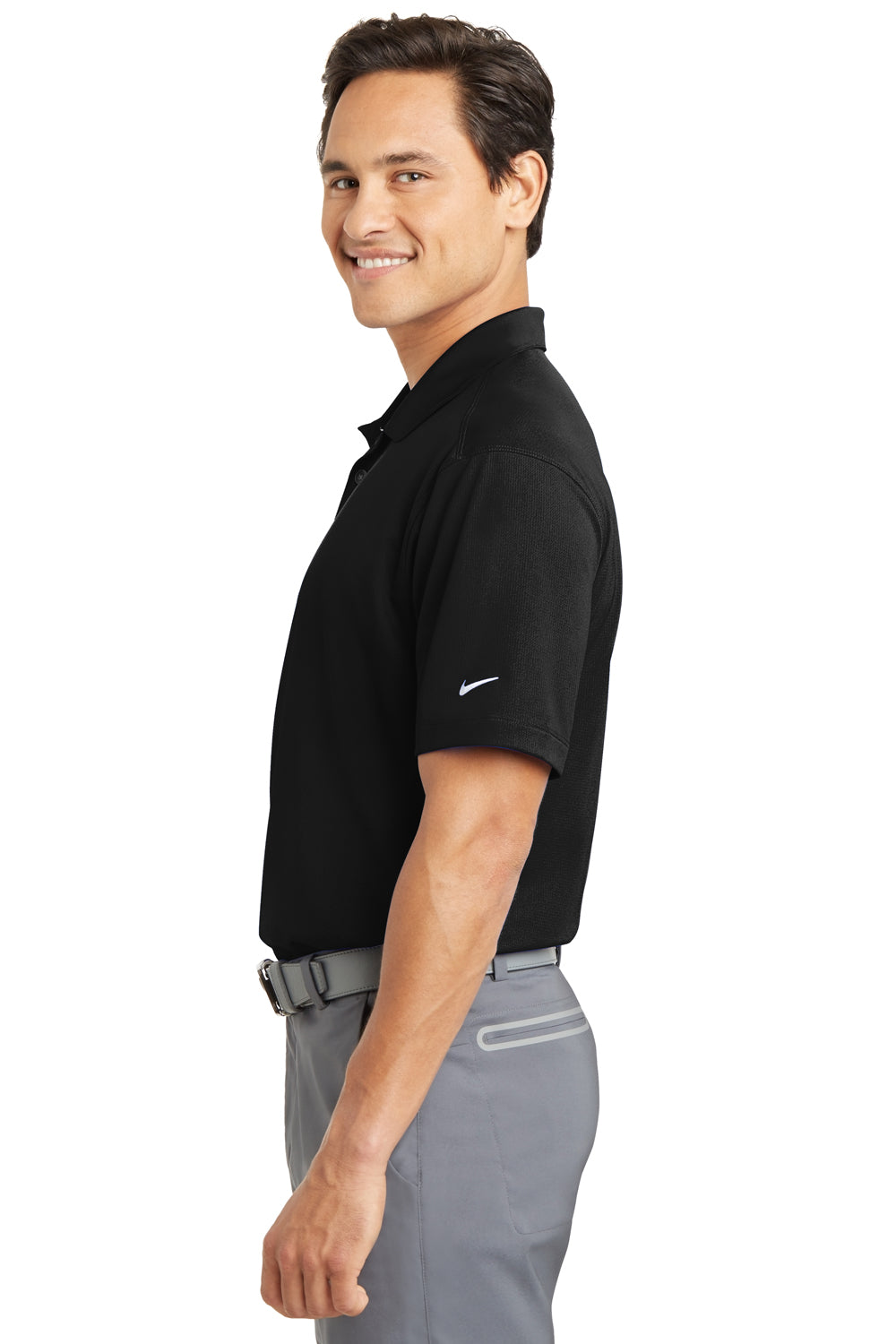 Nike 637167 Mens Dri-Fit Moisture Wicking Short Sleeve Polo Shirt Black Model Side