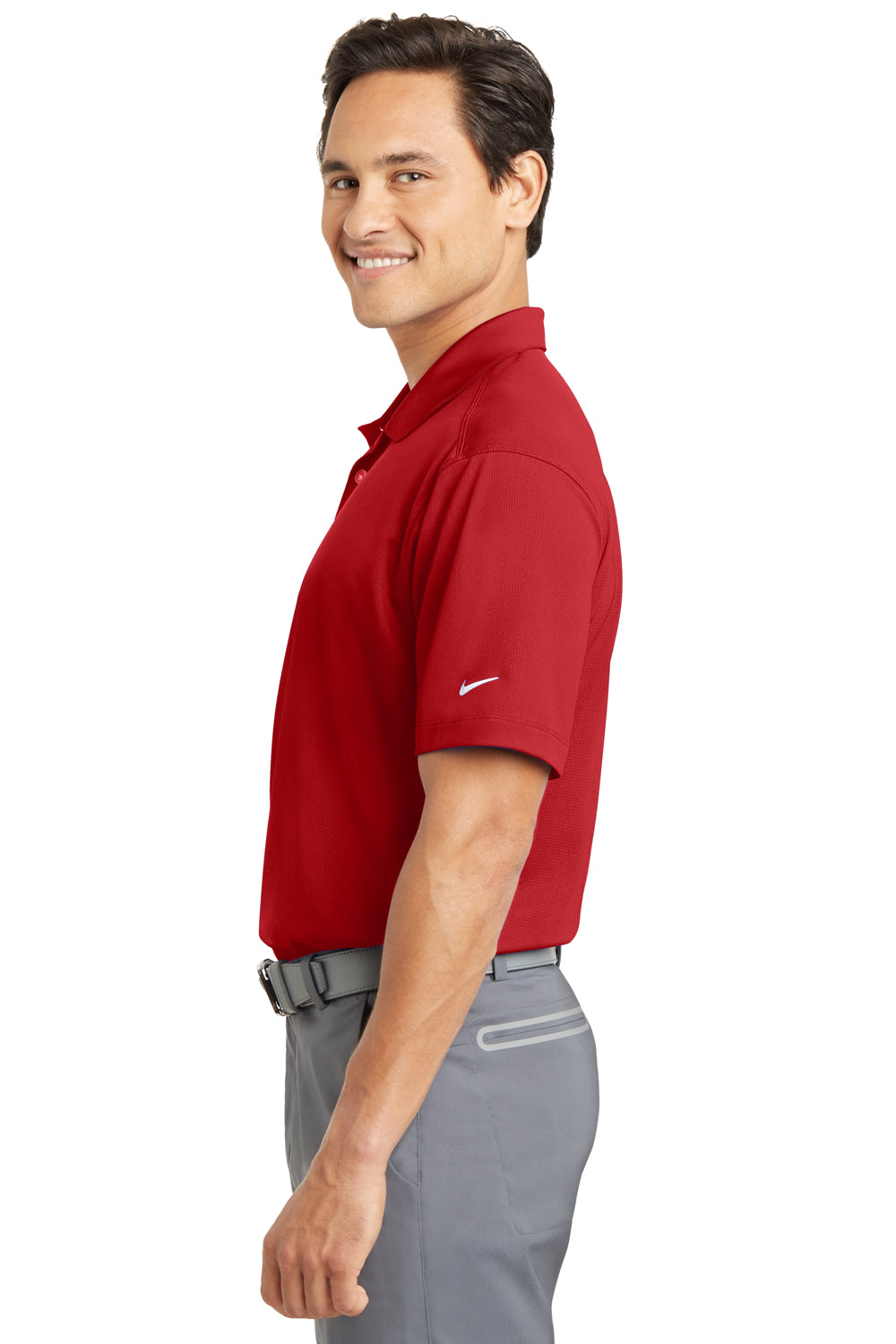 Nike 637167 Mens Dri-Fit Moisture Wicking Short Sleeve Polo Shirt University Red Model Side