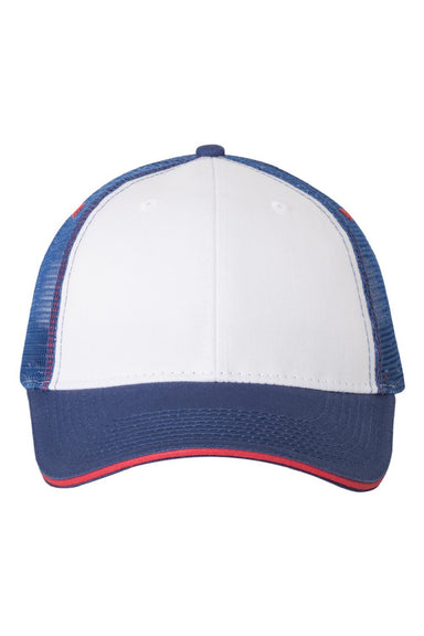 Valucap Hats S102 Mens Sandwich Bill Adjustable Trucker Hat White/Royal Blue/Red Flat Front