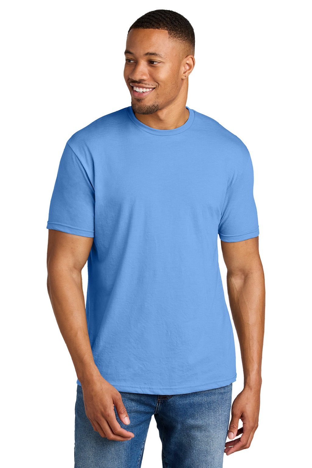 Gildan 64000CVC Mens Softstyle CVC Short Sleeve Crewneck T-Shirt Carolina Blue Mist Model Front