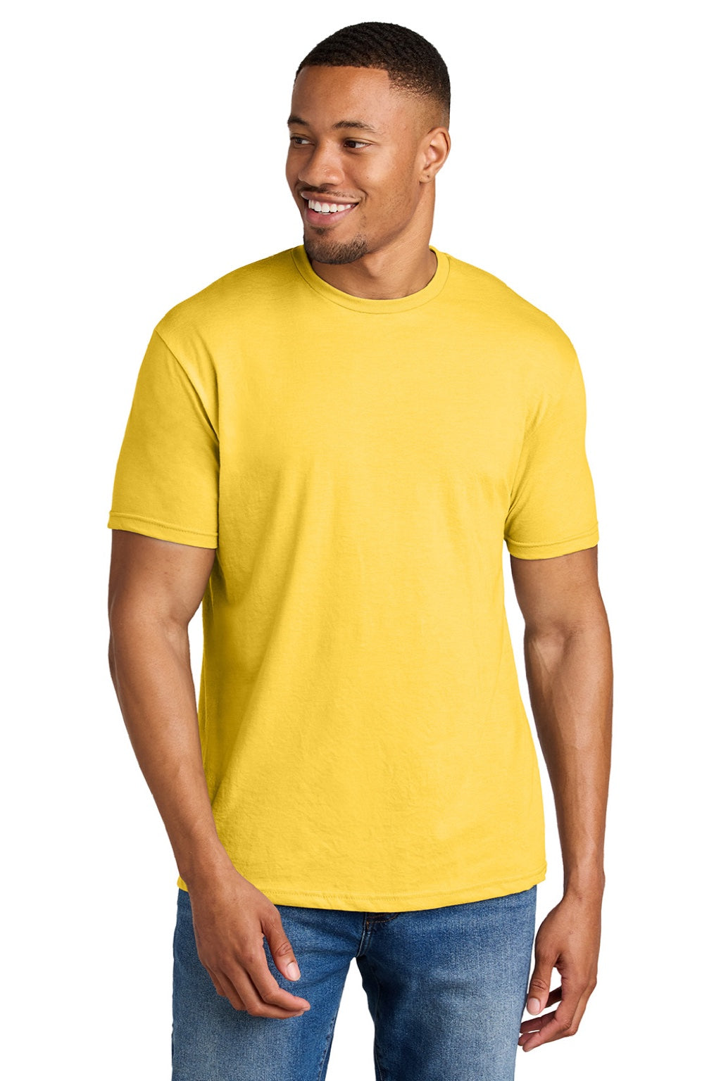 Gildan 64000CVC Mens Softstyle CVC Short Sleeve Crewneck T-Shirt Daisy Mist Yellow Model Front