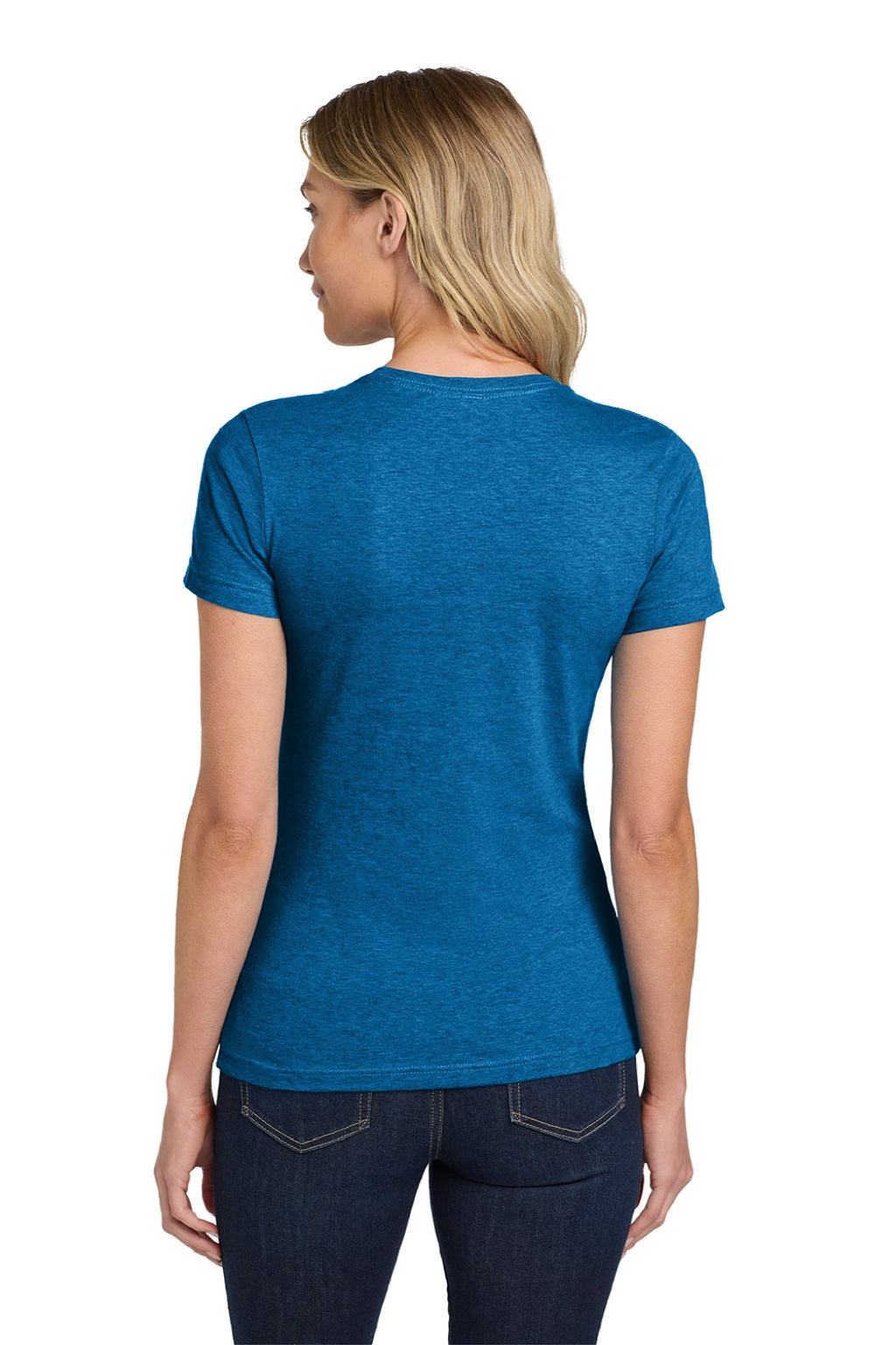 Gildan 64000L Womens Softstyle Short Sleeve Crewneck T-Shirt Antique Sapphire Blue Model Back