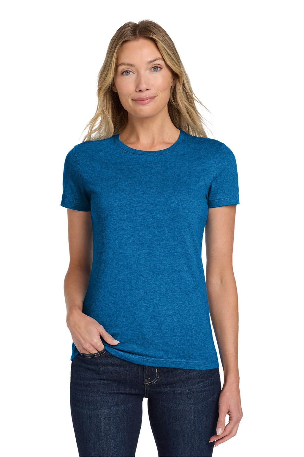 Gildan 64000L Womens Softstyle Short Sleeve Crewneck T-Shirt Antique Sapphire Blue Model Front