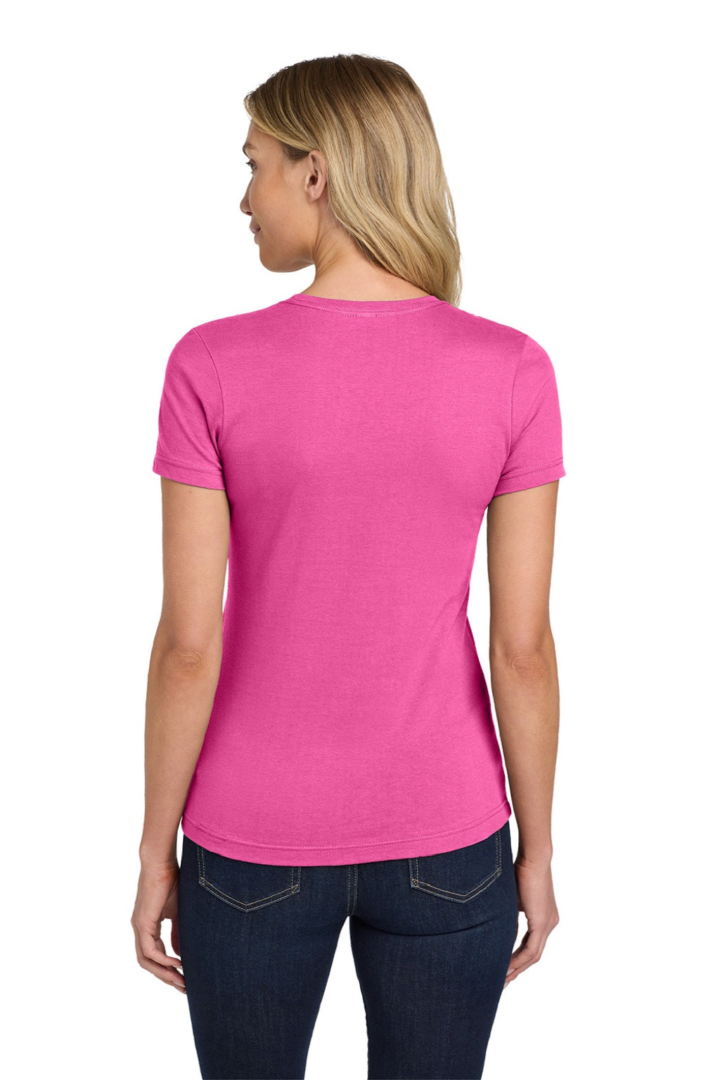 Gildan 64000L Womens Softstyle Short Sleeve Crewneck T-Shirt Azalea Pink Model Back