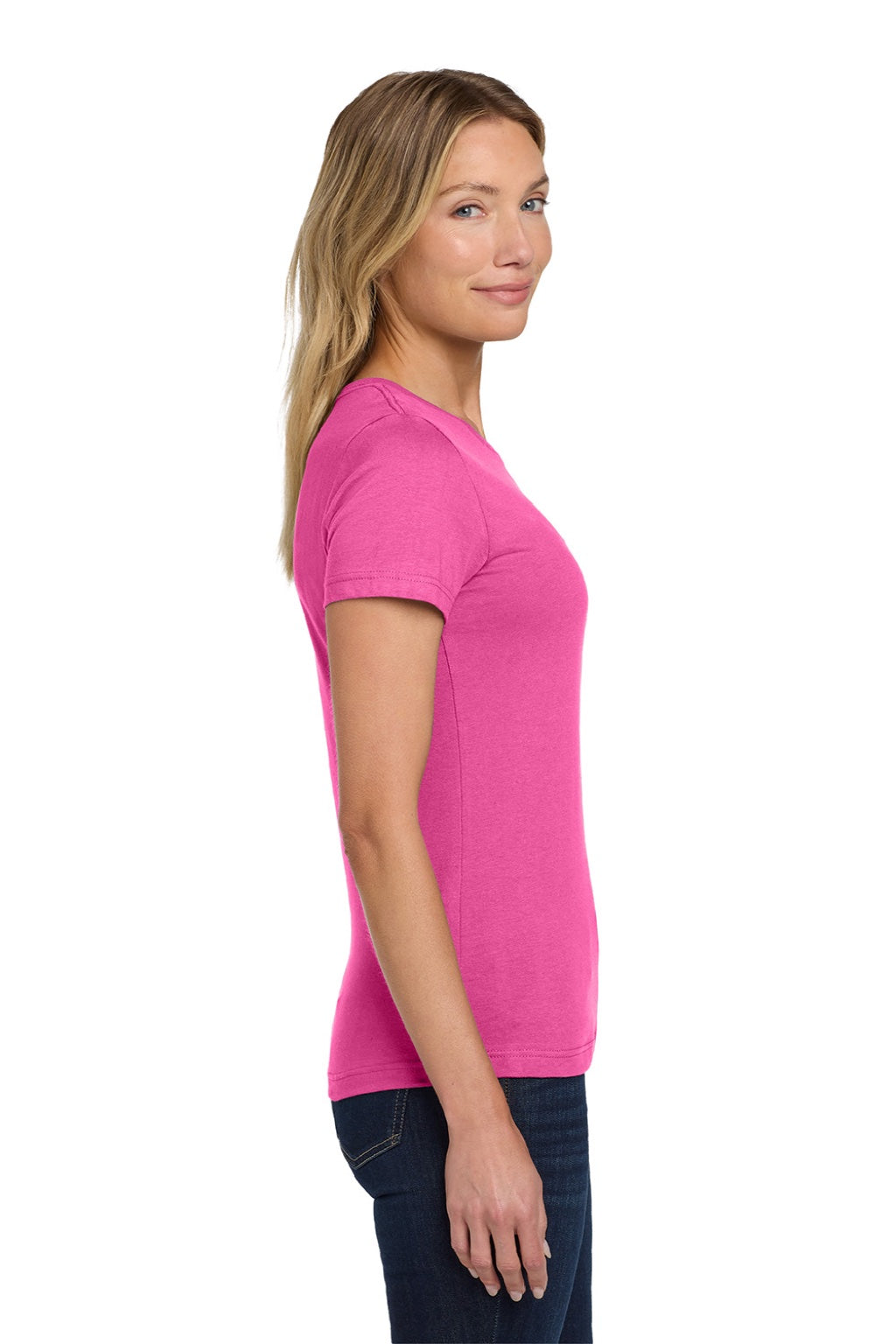 Gildan 64000L Womens Softstyle Short Sleeve Crewneck T-Shirt Azalea Pink Model Side