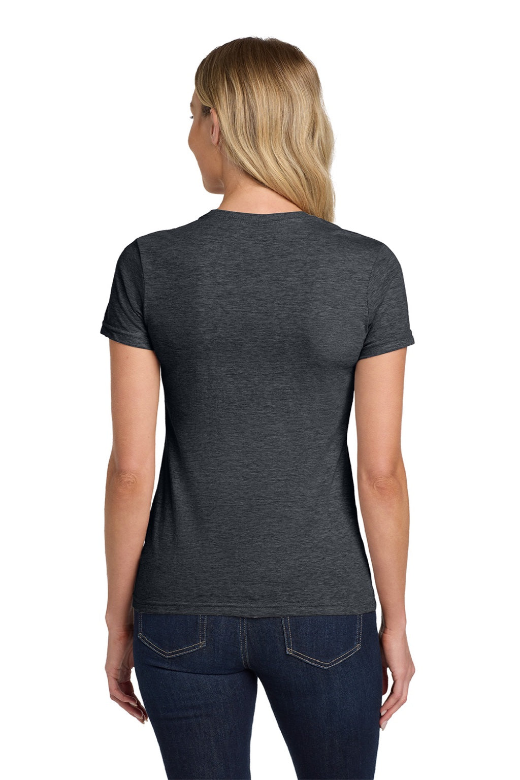 Gildan 64000L Womens Softstyle Short Sleeve Crewneck T-Shirt Heather Dark Grey Model Back