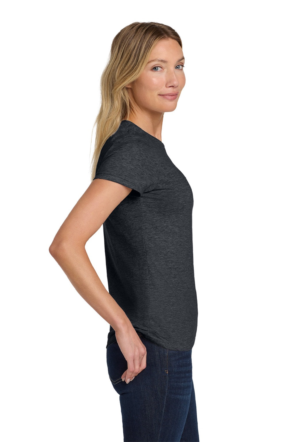 Gildan 64000L Womens Softstyle Short Sleeve Crewneck T-Shirt Heather Dark Grey Model Side