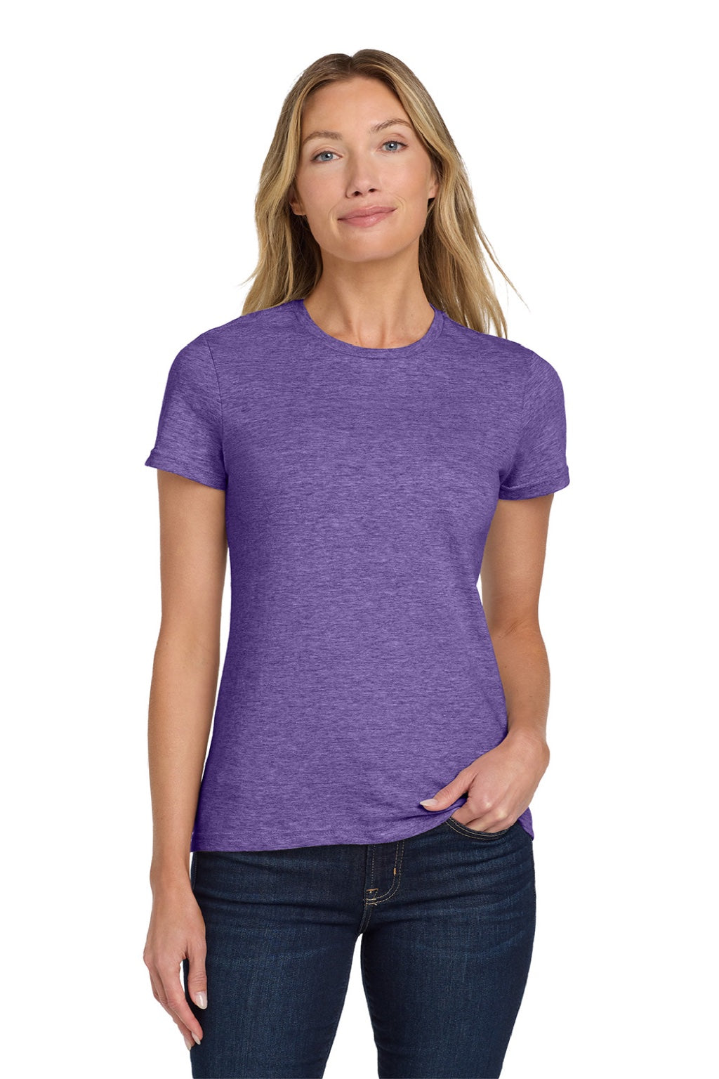 Gildan 64000L Womens Softstyle Short Sleeve Crewneck T-Shirt Heather Purple Model Front