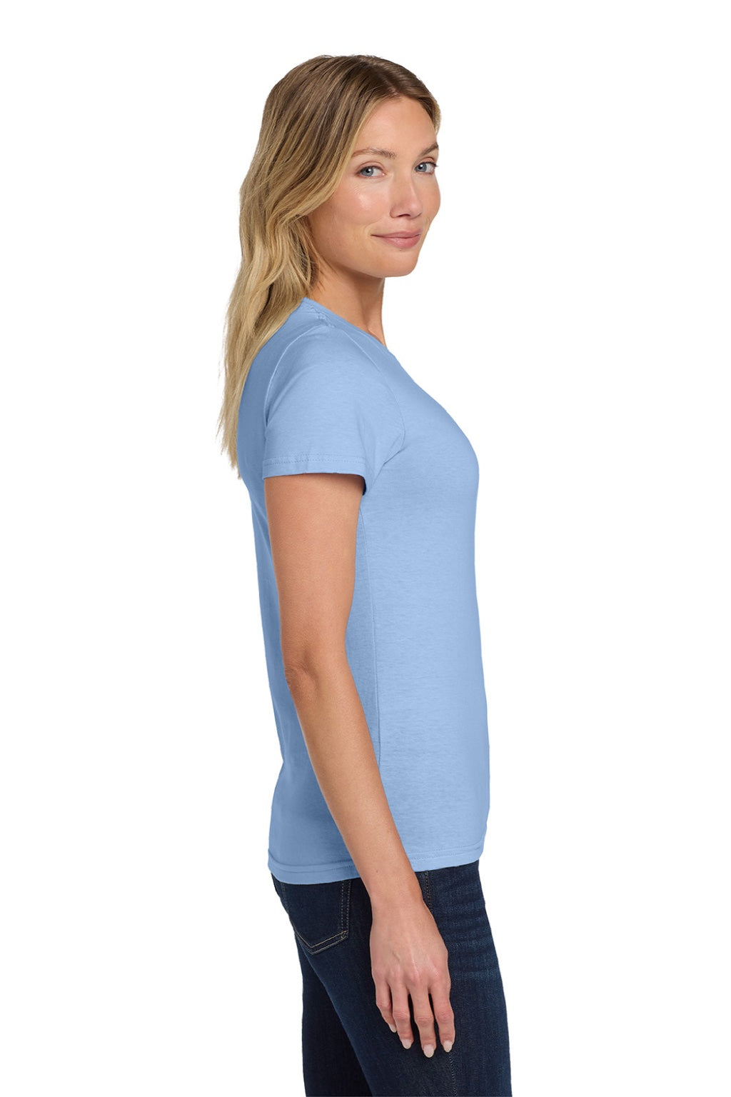 Gildan 64000L Womens Softstyle Short Sleeve Crewneck T-Shirt Light Blue Model Side