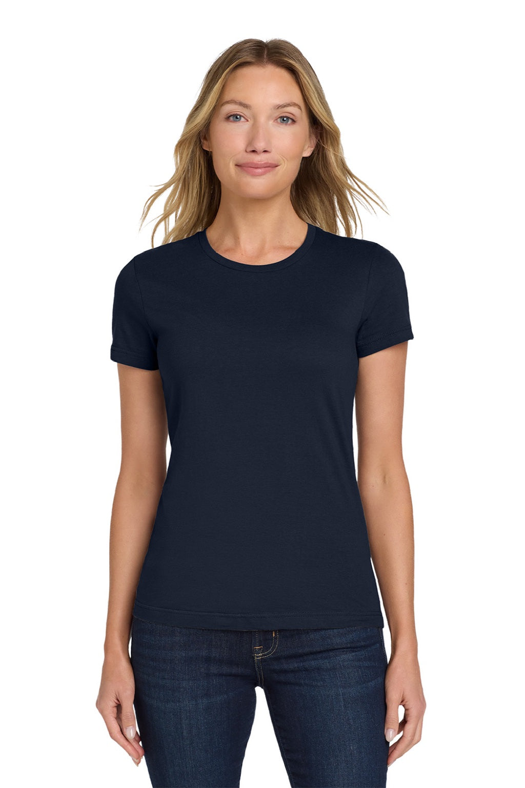 Gildan 64000L Womens Softstyle Short Sleeve Crewneck T-Shirt Navy Blue Model Front